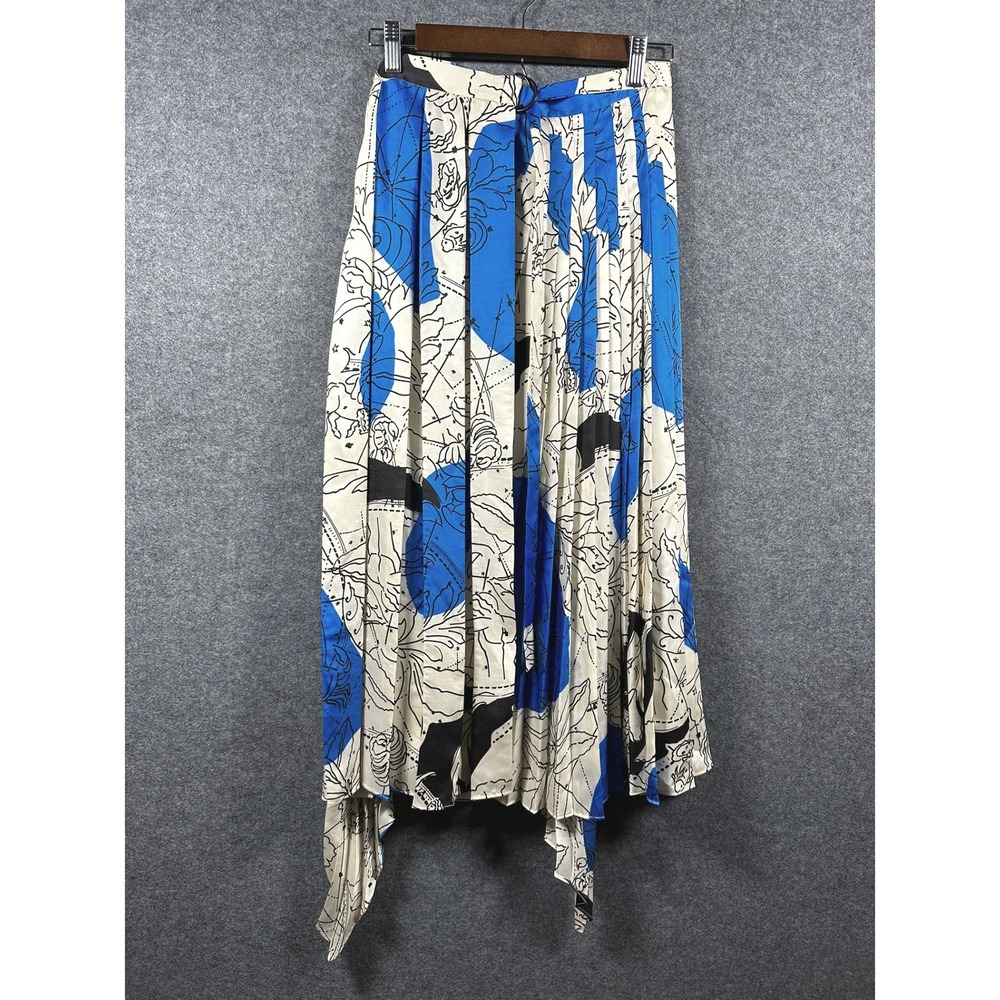 ZARA Asymmetrical Pleated Skirt Hem Blue Black White Abstract Print Size S NWT